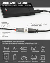 Carica l'immagine nel visualizzatore di Gallery, Lindy - Cavo Prolunga USB 2.0 Anthra Line 3 Metri, Connettore USB Tipo A Maschio a Femmina, velocità di Trasferimento Da