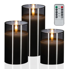 Carica l'immagine nel visualizzatore di Gallery, Relaxdays Candele a LED, Set da 3 con Funzione Timer e Telecomando, Cera Vera, Fiamma Oscillante Finta, Vetro, Grigio