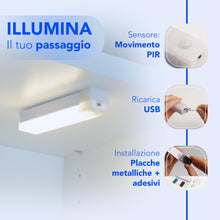 Carica l'immagine nel visualizzatore di Gallery, Generico Luce LED Sensore Movimento Armadio Ricaricabile USB - Lampada Magnetica Senza Fili Installazione Immediata per 