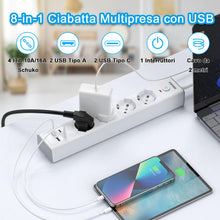 Carica l'immagine nel visualizzatore di Gallery, TOPREK Ciabatta Multipresa Elettrica con 4 Prese e 2 USB A 2 USB C, 2M Cavo