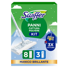 Carica l'immagine nel visualizzatore di Gallery, Swiffer 3D, Starter Kit Manico Scopa + 8 Panni Pavimenti + 3 Lavapavimenti