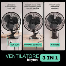 Carica l'immagine nel visualizzatore di Gallery, BLEYTON, ventilatore da tavolo, a morsetto, da parete e da tavolo, ventilatore elettrico a clip nero da 20W, potente e s