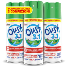Carica l'immagine nel visualizzatore di Gallery, Oust 3 in 1 Disinfettante Spray Superfici e Tessuti, Open Air, 3 x 400ml