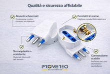 Carica l'immagine nel visualizzatore di Gallery, Adattatore Presa Schuko Angolare Salvaspazio 16A – Spina Italiana 3 Poli a Presa Schuko/Trivalente 10/16A – Riduzione Pr
