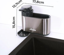 Carica l'immagine nel visualizzatore di Gallery, Vileda Sink Organizer con Dispenser di Sapone in Acciaio Inox - Porta Spugne da Cucina indipendente - Organizer Lavastoviglie con Dispenser di Sapone per Spugne e Spazzole - Durevole e Antiruggine