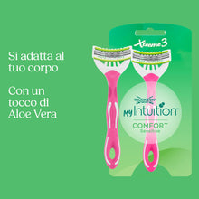 Carica l'immagine nel visualizzatore di Gallery, Wilkinson Sword myIntuition Xtreme 3 Comfort Sensitive rasoi da donna monouso, confezione da 4 rasoi per pelli sensibili