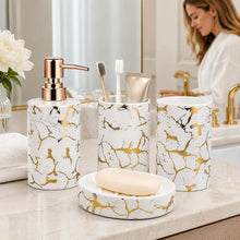 Carica l'immagine nel visualizzatore di Gallery, Set di accessori per il bagno, 4 pezzi, set di accessori da bagno in ceramica di lusso, 2 portaspazzolino/bicchiere + dispenser di sapone liquido o lozione con pompa oro rosa + portasapone