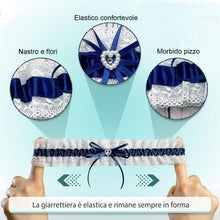 Carica l'immagine nel visualizzatore di Gallery, Giarrettiera da Sposa in Blu per Il Matrimonio, Nastro Decorato con Pzzo, Fiocco e Un Cuore Nobile Fatto di Bbrillantini