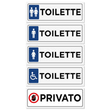 Carica l'immagine nel visualizzatore di Gallery, 4 Adesivi Toilette + 1 Privato cm 15x5 | Targhette per Porte e Altro| In Vinile Adesivo Resistenti all'Esterno | 5 Pezzi