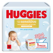 Carica l'immagine nel visualizzatore di Gallery, Huggies Extra Care Sensitive, Salviette neonato per pelli sensibili, 99% Acqua pura, 100% Plastic-free, Senza parabeni e