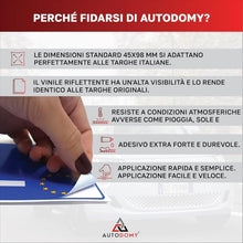 Carica l'immagine nel visualizzatore di Gallery, Autodomy Adesivi Targa Auto Kit da 4 Pezzi | Adesivo Copri Targa è Riflettente 45 x 98 mm | Adesivi Targhe Auto e Moto I