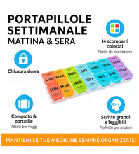 Carica l'immagine nel visualizzatore di Gallery, App Life Portapillole Settimanale Italiano Compatto – Organizer 7 Giorni con Scomparti Giornalieri Staccabili, 14 Scompa