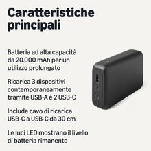 Carica l'immagine nel visualizzatore di Gallery, Amazon Basics Power Bank Portatile ad Alta Capacità con 3 Porte di Ricarica, 20000mAh, Colore Nero