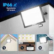 Carica l'immagine nel visualizzatore di Gallery, Faro LED da 100 W con sensore di movimento, 10.000 lm, con telecomando, bianco freddo 6500 K, ultra luminoso, impermeabi