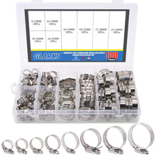 Carica l'immagine nel visualizzatore di Gallery, Glarks 100 pezzi regolabili 8-44 mm gamma 304 in acciaio inox vite senza fine kit assortimento di morsetti per tubo dell