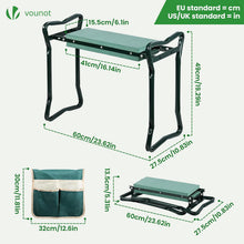 Carica l'immagine nel visualizzatore di Gallery, VOUNOT® Inginocchiatoio da Giardino 2 in 1, Sgabello Pieghevole con Cuscino Morbido in EVA e Borsa Porta Attrezzi, Struttura in Acciaio Robusta, Ideale per Giardinieri, Verde