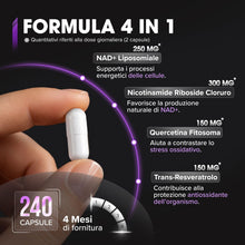 Carica l'immagine nel visualizzatore di Gallery, NAD+ Liposomiale 4 in 1, 240 Capsule Vegetali – Con Nicotinamide Riboside Cloruro, Quercetina Fitosoma e Trans-Resveratr