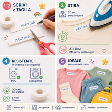 Carica l'immagine nel visualizzatore di Gallery, Rotolo Nastro Tessuto 3m x 1cm, Etichetta Termoadesiva Personalizzabile per Biancheria, Cotone e Poliestere, Senza Penna