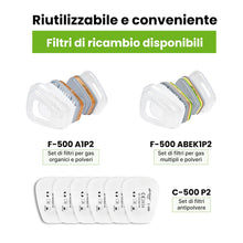 Carica l'immagine nel visualizzatore di Gallery, AirGearPro M-500 A1P2 Maschera Antigas Antipolvere Riutilizzabile