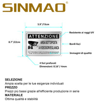 Carica l'immagine nel visualizzatore di Gallery, Cartello Area Videosorvegliata GDPR 2023 Alluminio con Adesivo 22x15cm, Area Sottoposta a Videosorveglianza Metallo per 