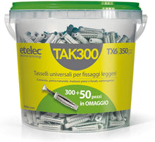 Carica l'immagine nel visualizzatore di Gallery, Etelec Secchiello Box 350 Tasselli Universali TX6 Nylon 6X30 mm Vite 4,5x40 mm 300 + 50 Omaggio Kit 350 Pz TAK300