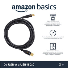 Carica l'immagine nel visualizzatore di Gallery, AmazonBasics Cavo USB 2.0, A-maschio a B-maschio, con connettori placcati in oro (3 m) per Stampante, Nero