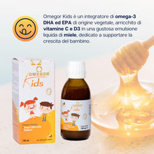 Carica l'immagine nel visualizzatore di Gallery, Omega 3 Bambini OMEGOR Kids Liquido 3+ Anni (140ml) - Estratto da Alga Marina - Gusto di Miele e Arancia con Vitamine C 