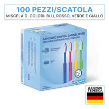 Carica l'immagine nel visualizzatore di Gallery, 100x ARNOMED spazzolini monouso con dentifricio, spazzolini confezionati singolarmente, spazzolino rosso, blu, verde e g