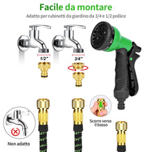 Carica l'immagine nel visualizzatore di Gallery, Tubo Acqua Giardino Flessibile Estensibile 30m Doccetta Attacco Rubinetto 1/2 e 3/4 con 8 Funzioni con Custodia Portagom