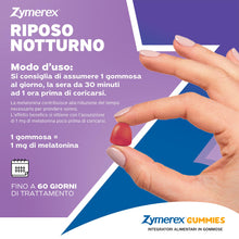 Carica l'immagine nel visualizzatore di Gallery, Zymerex RIPOSO NOTTURNO Gummies | 60 gommose | Rapido addormentamento | 1mg di Melatonina | Buon sonno | Jet leg | Integ