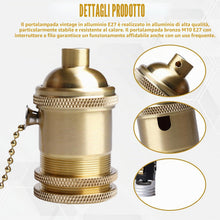 Carica l'immagine nel visualizzatore di Gallery, Portalampada vintage in alluminio E27: portalampada M10 E27 bronzo con interruttore a tirante, adattatore per lampada a 
