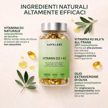 Carica l'immagine nel visualizzatore di Gallery, Vitamina D3 K2 Alto Assorbimento Olio Extravergine d'Oliva - Vitamina D3 2000 UI + Vitamina K2 MK7 100 μg - Vitamina D 2