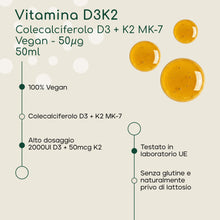 Carica l'immagine nel visualizzatore di Gallery, Vitamina D3 K2 Gocce 2000 UI D3 + 50 µg K2 - 50 ml, Alto Dosaggio