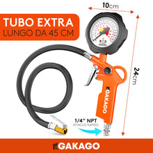 Carica l'immagine nel visualizzatore di Gallery, Gakago Gonfiatore preciso per pneumatici con manometro di alta qualità da 0 a 12 bar - Tubo di gonfiaggio extra lungo da