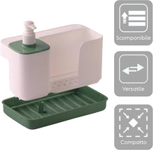 Carica l'immagine nel visualizzatore di Gallery, Snips Riordinello Porta Spugne Lavello Cucina 3 in 1, Dispenser Sapone 400 ml con Dosatore, Porta Strofinacci e Organizer Lavello, Accessorio Salvaspazio Cucina, 21 x 12 x 18 cm, Made in Italy