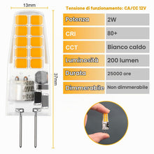 Carica l'immagine nel visualizzatore di Gallery, Lampadine LED G4 12V 2W = 20W 220LM Bianco Caldo 3000K 10 pezzi