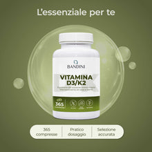 Carica l'immagine nel visualizzatore di Gallery, Bandini® Vitamina D3 K2 | 365 COMPRESSE (12 Mesi) | Vitamina D 2000 UI +