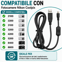 Carica l'immagine nel visualizzatore di Gallery, Cavo generico USB UC-E6 compatibile con Nikon Coolpix 2100, 2200, 3100, 3200, 4200, 5200, 8400, 8800. 1 metro di lunghez