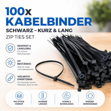 Carica l'immagine nel visualizzatore di Gallery, Set di 100 fascette stringicavo in nero, corte e lunghe, antistrappo e resistenti ai raggi UV, di diverse lunghezze (150