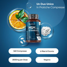 Carica l'immagine nel visualizzatore di Gallery, MSM Integratore 2500mg, Vegano, 6 Mesi, 360 Compresse di MSM Vitamina C