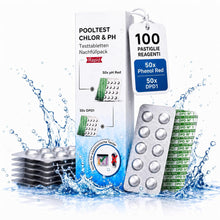 Carica l'immagine nel visualizzatore di Gallery, Pastiglie di ricambio per tester piscina 100 pezzi | 50x DPD1 cloro libero/bromo + 50x Phenol Red pH | Pastiglie Rapid p