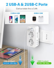 Carica l'immagine nel visualizzatore di Gallery, Presa Multipla con 2 Schuko e 4 Prese IT, Spina Italiana, Multipresa Salvaspazio con 4 USB, Adattatore Spina 16A per Cuc