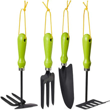 Carica l'immagine nel visualizzatore di Gallery, Relaxdays Set Attrezzi Giardino, Kit da 4 pz., Tridente, Rastrello, Paletta &amp; Zappetta, Giardinaggio, Ferro, verde