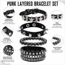 Carica l'immagine nel visualizzatore di Gallery, Set di 4 Bracciali Punk Rock in Similpelle Nera con Borchie, Stili a Giro Singolo e Triplo, Accessori Versatili per Outf