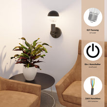 Carica l'immagine nel visualizzatore di Gallery, ledscom.de Lampada da parete FETRO, interruttore, nero opaco, rotonda, 1x E27 max. 60W