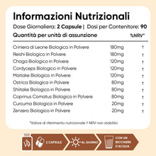 Carica l'immagine nel visualizzatore di Gallery, Miscela Funghi Bio con Zenzero, 8 Funghi, 180 Capsule Vegane, 3 Mesi