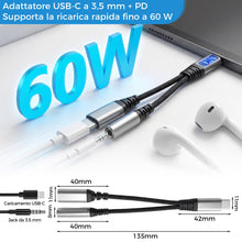 Carica l'immagine nel visualizzatore di Gallery, 2 in 1 Adattatore per Cuffie USB C e Ricarica, Jack da 3,5mm USB C Supporta PD 60W Ricarica Rapida &amp; Audio, Adaptateur C