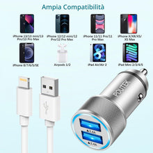 Carica l'immagine nel visualizzatore di Gallery, Caricatore Auto iPhone con 2x Cavo Lightning [Certificato MFi], USB Accendisigari Auto Caricabatterie Auto Cellulare Ada