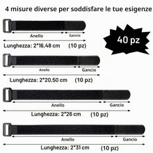 Carica l'immagine nel visualizzatore di Gallery, 40 Pezzi Cinghie di Fissaggio Riutilizzabili Nylon Fascette nere largo 20 mm 4 Diverse Lunghezze 150.200.250.300 mm con 