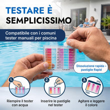 Carica l'immagine nel visualizzatore di Gallery, Pastiglie di ricambio per tester piscina 100 pezzi | 50x DPD1 cloro libero/bromo + 50x Phenol Red pH | Pastiglie Rapid p